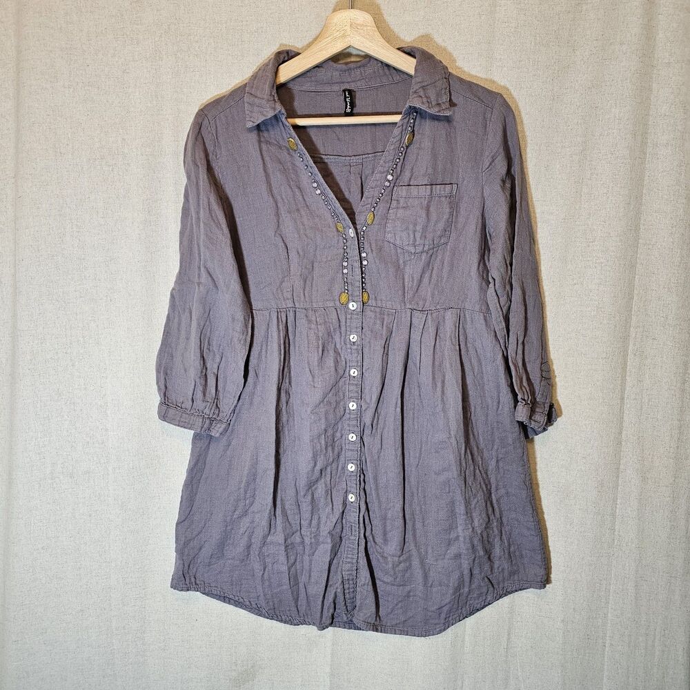 Sacred Threads Womens Free Size Grey Tunic Beaded Button Front Missing 2 Buttons